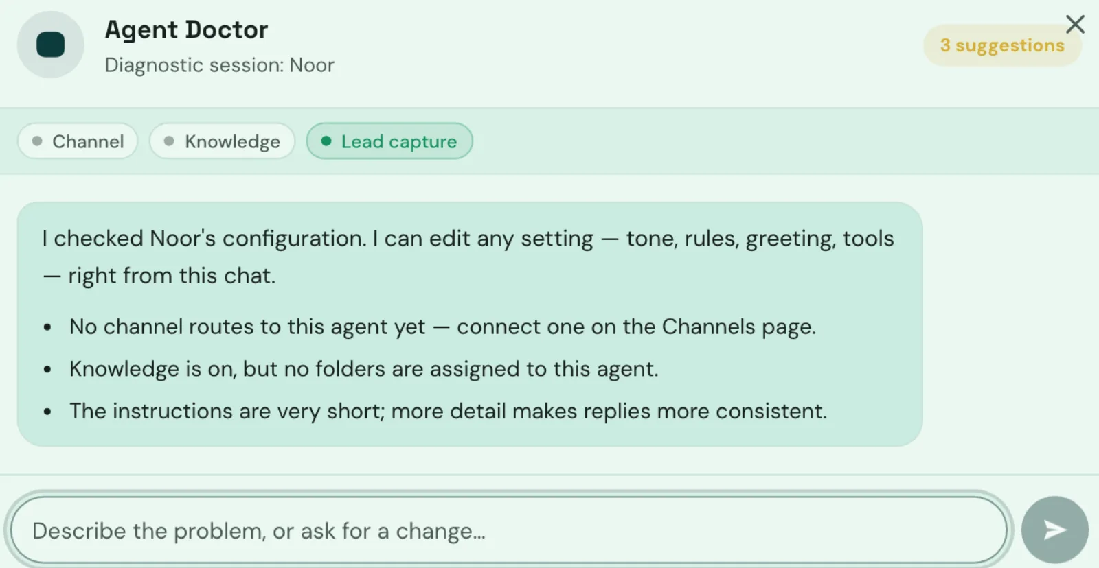 Agent Doctor in Yusr listing three setup suggestions