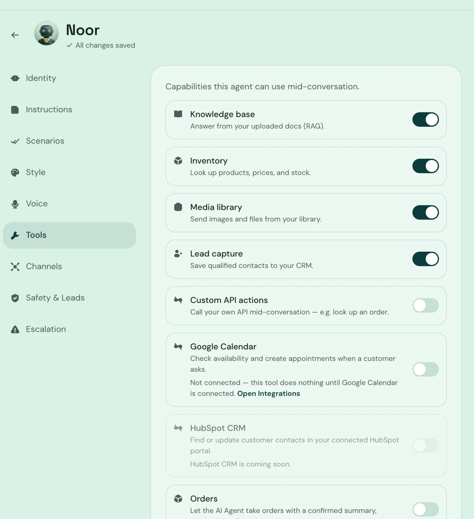 Agent tools in Yusr: knowledge base, inventory, media library, lead capture