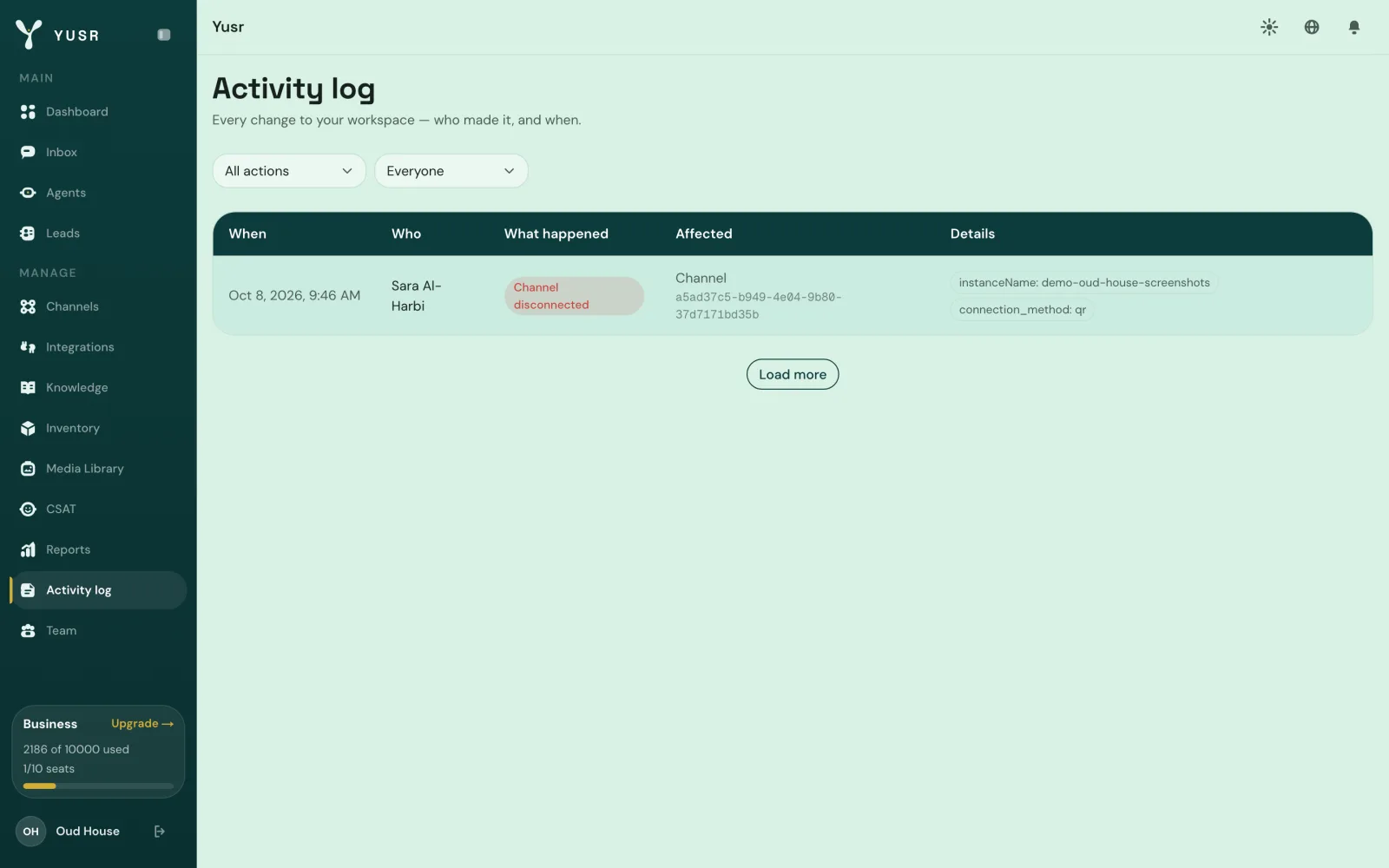 The activity log in Yusr
