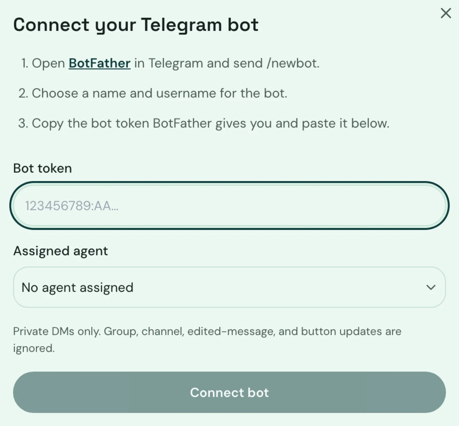 The Connect your Telegram bot window in Yusr