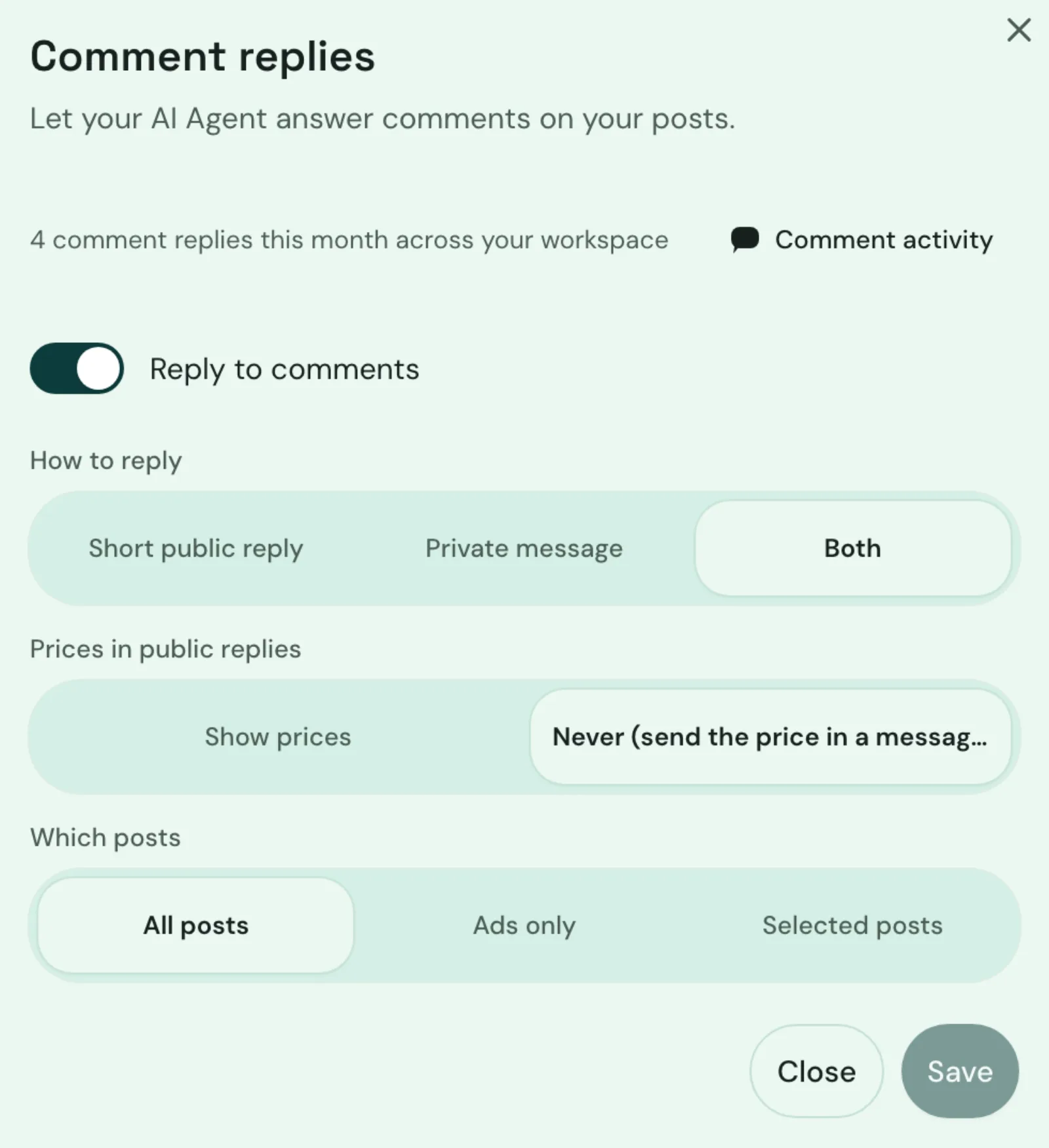 Comment reply settings in Yusr: reply mode, prices and which posts