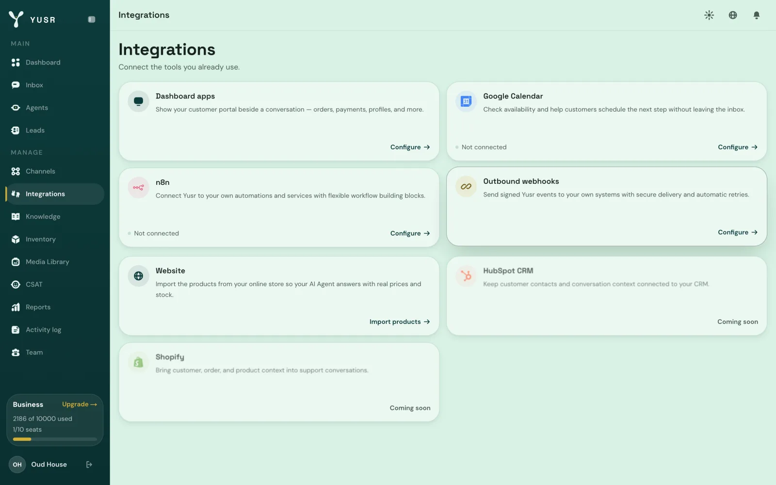 The Integrations page in Yusr