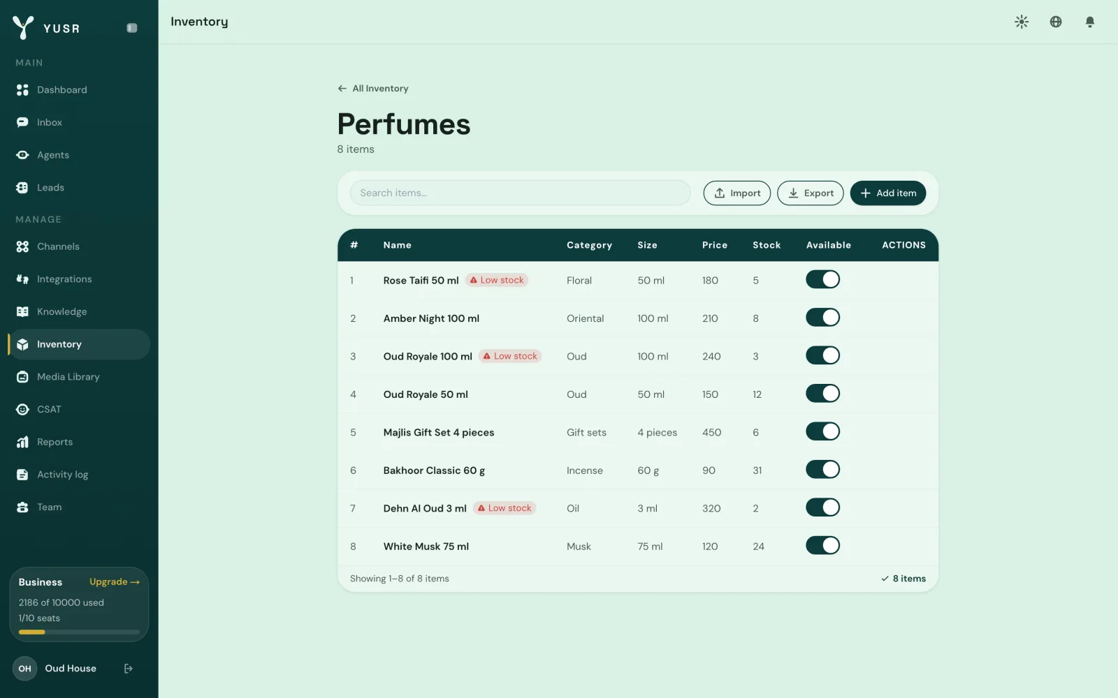 A product catalogue in Yusr with prices, stock and low-stock flags
