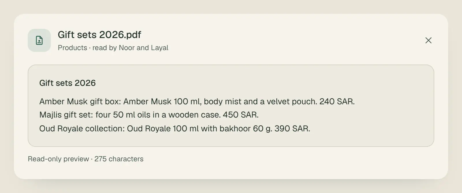 A knowledge file preview in Yusr showing gift set prices