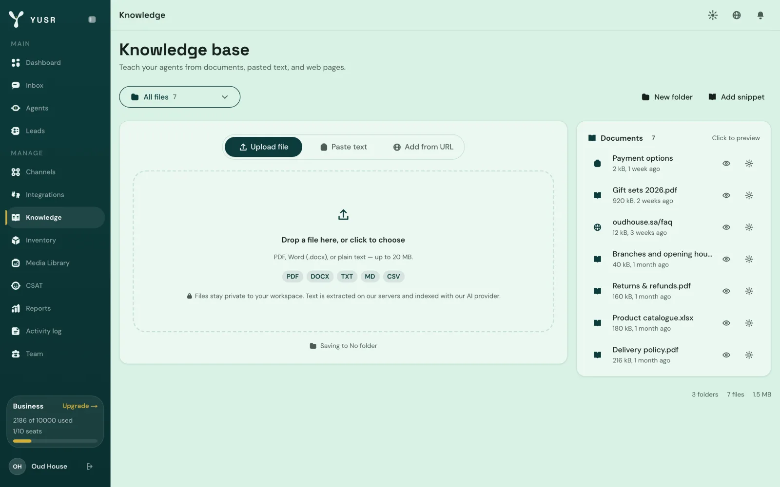 The Knowledge base page in Yusr with seven business documents