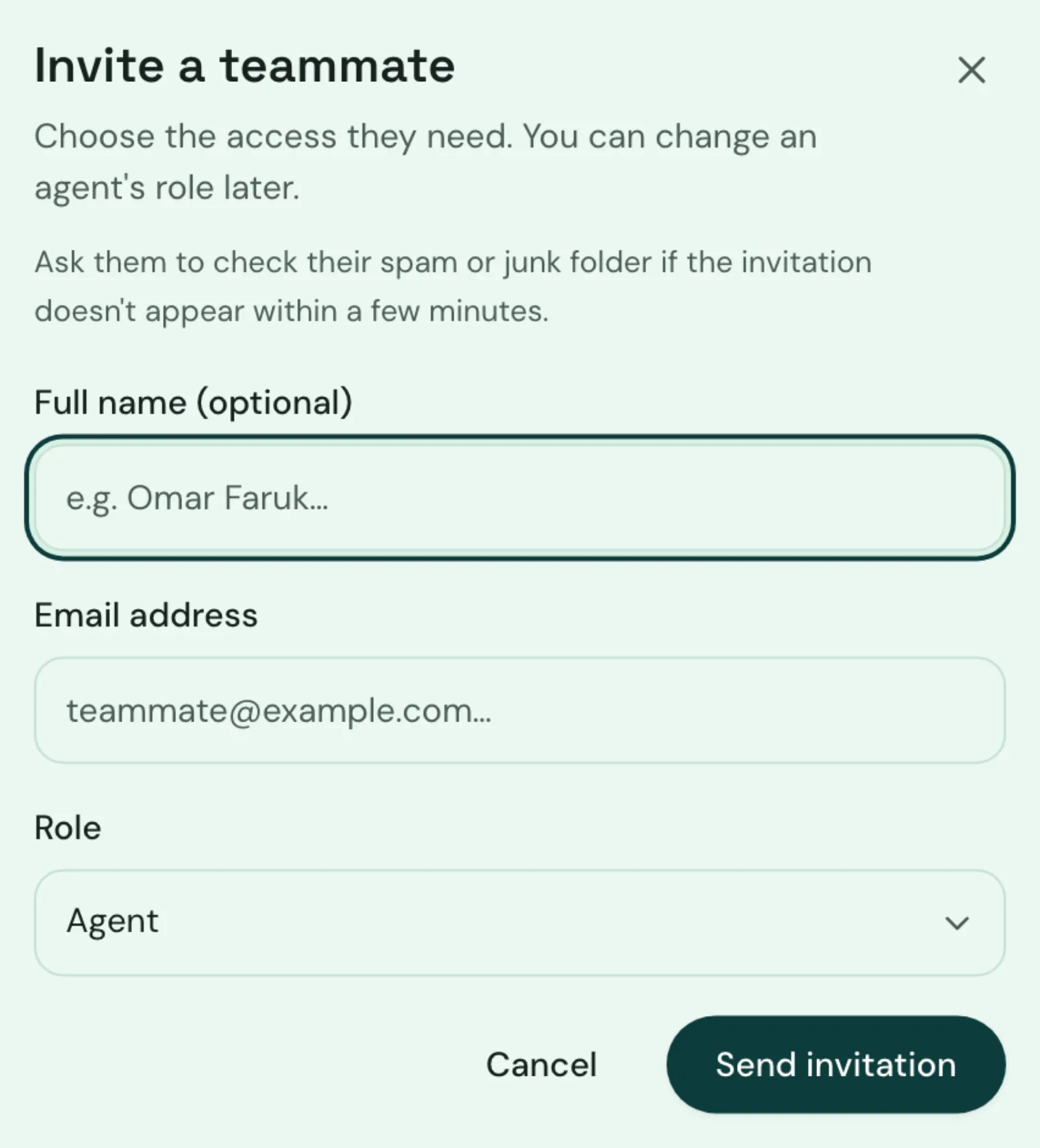 The Invite a teammate window in Yusr