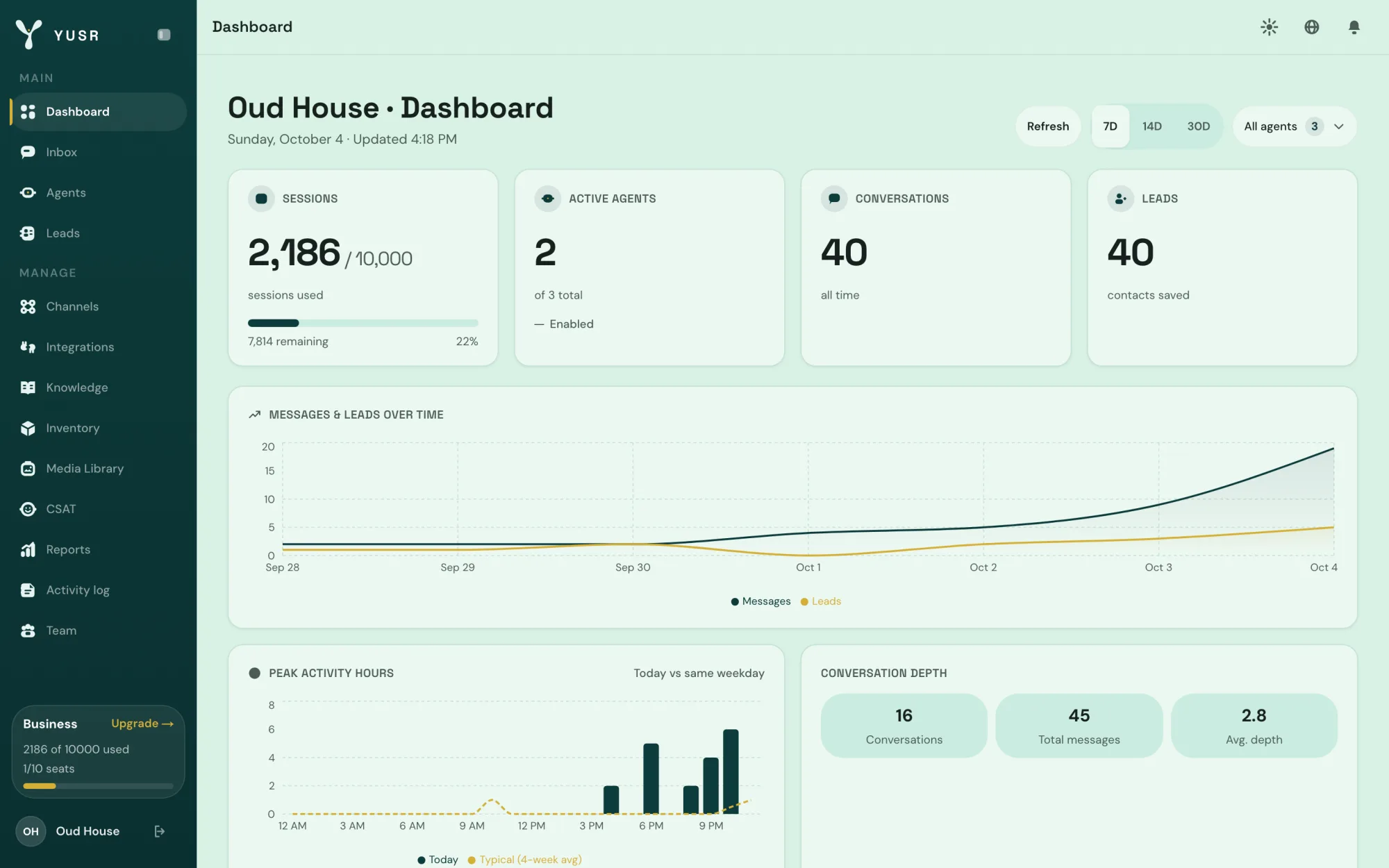 Dashboard with conversations, leads and busy hours