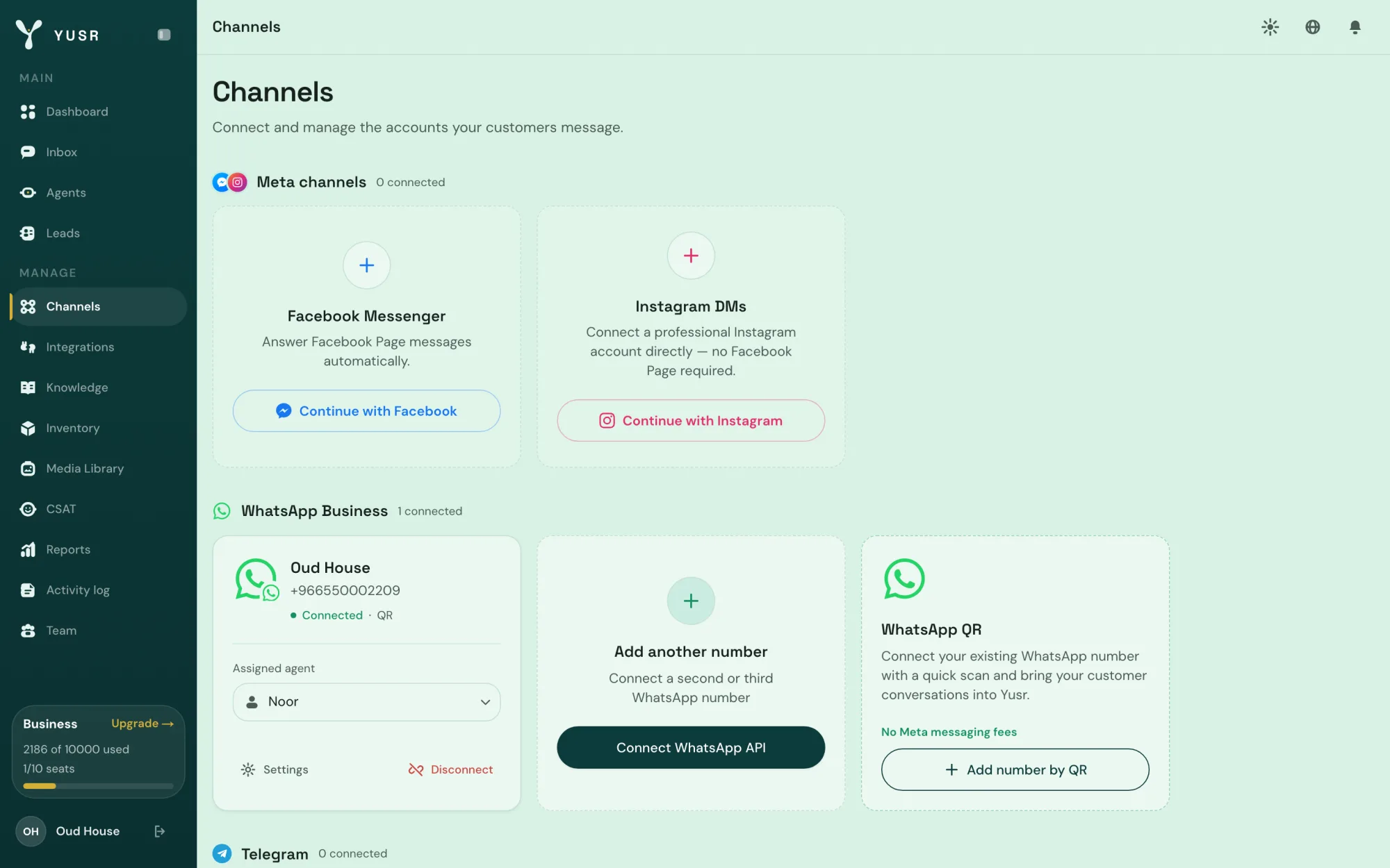 The channels page with WhatsApp, Instagram and Messenger connection cards