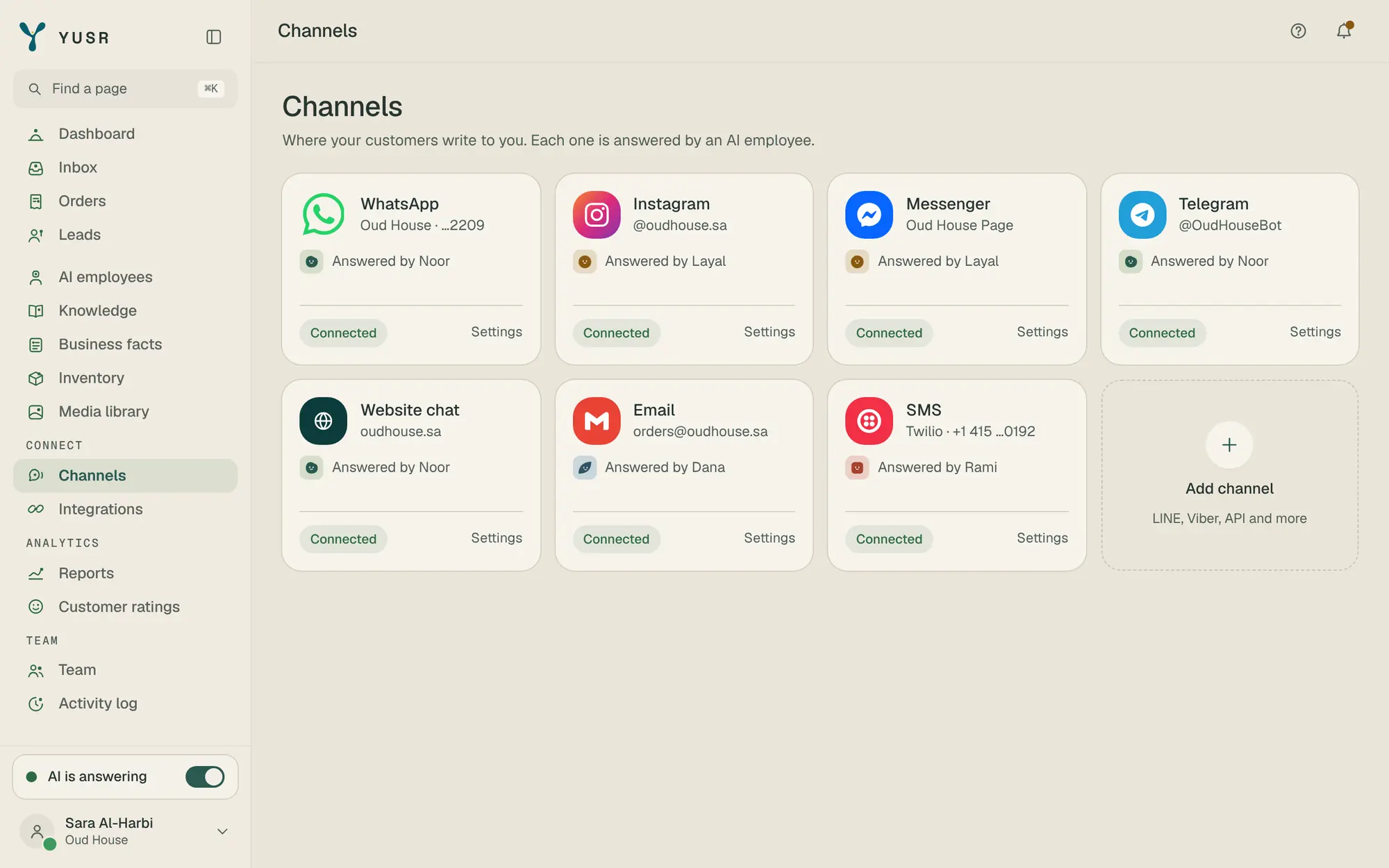 La page des canaux avec les cartes de connexion WhatsApp, Instagram et Messenger