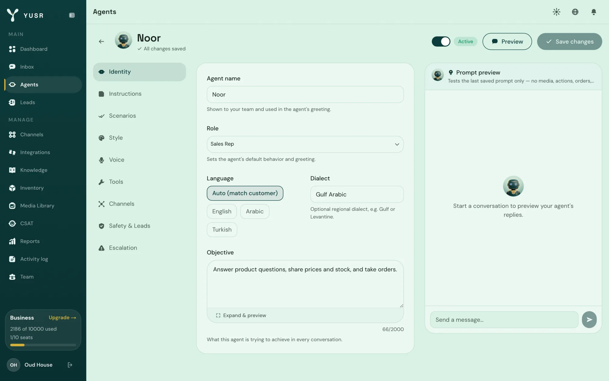 Setting up Noor, the AI employee: role, language and dialect